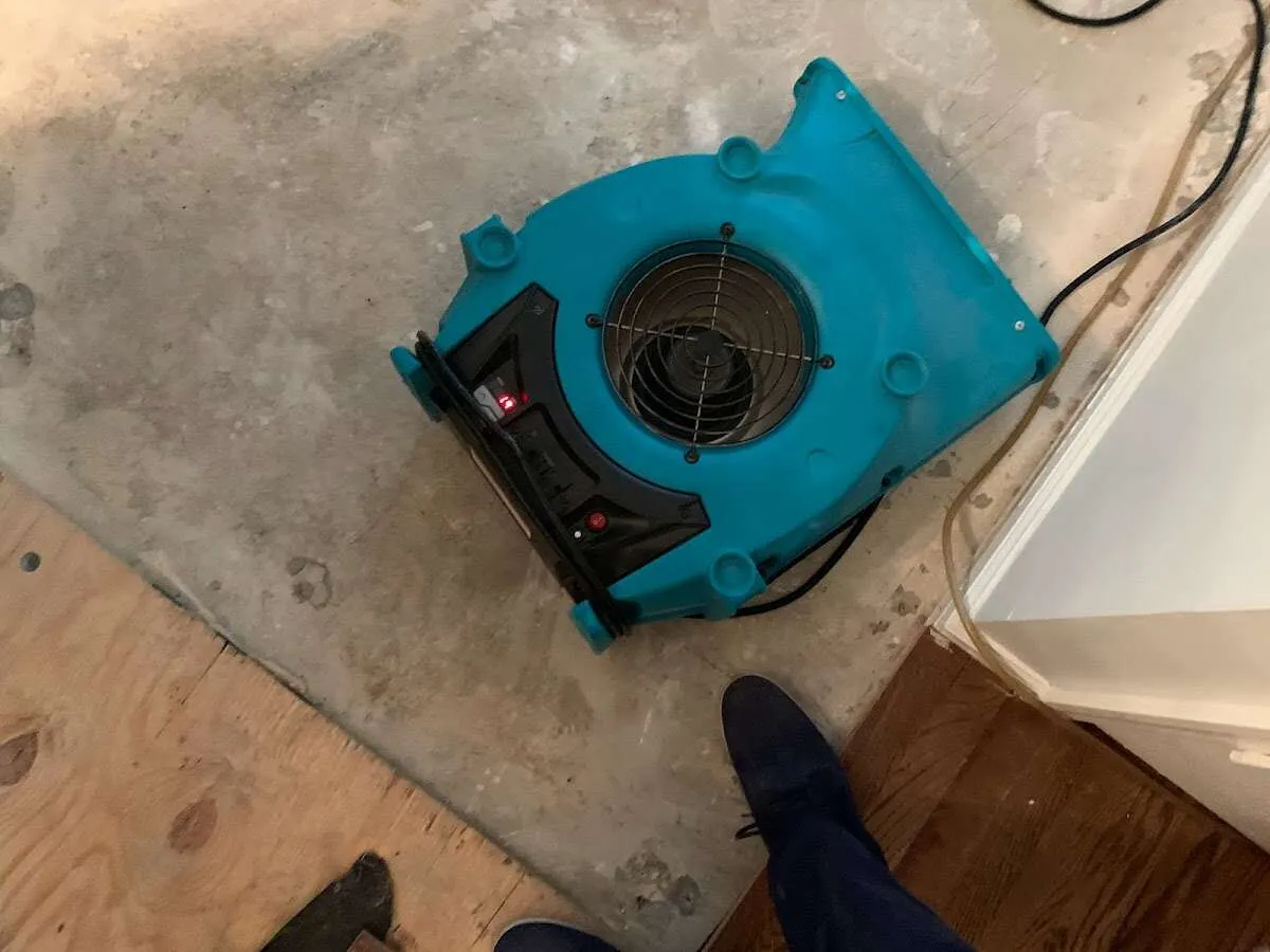 Air mover drying subfloor during Commercial Water Damage Restoration in Bowie